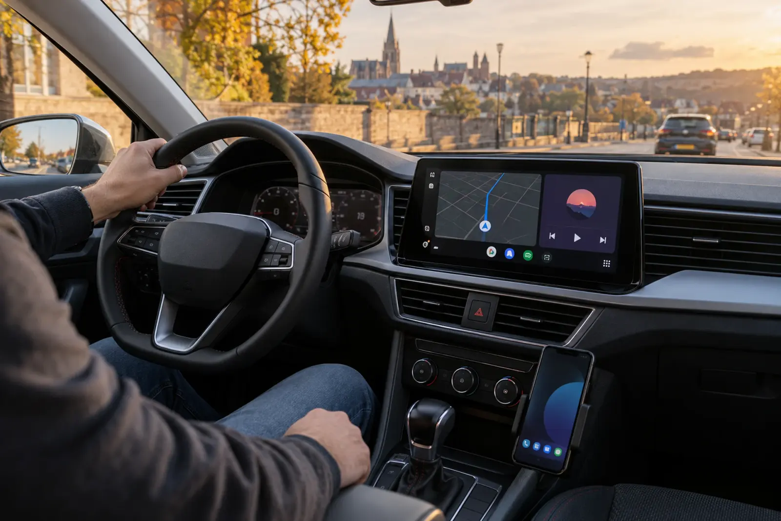 Android Auto bestellen in Heerlen: navigatie en muziek op een breed touchscreen, telefoon in de houder, stad in de avondzon