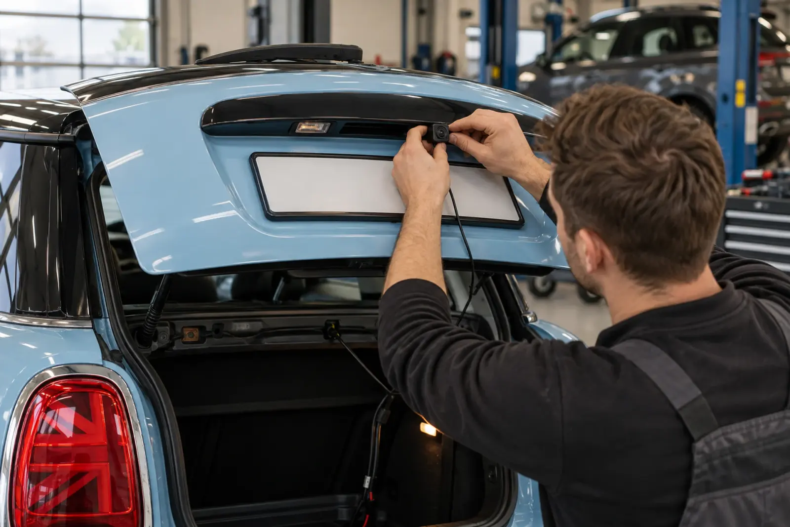 Monteur monteert een achteruitrijcamera boven de kentekenplaat van een Mini die een Android Auto-radio krijgt, in de werkplaats in regio Heerlen