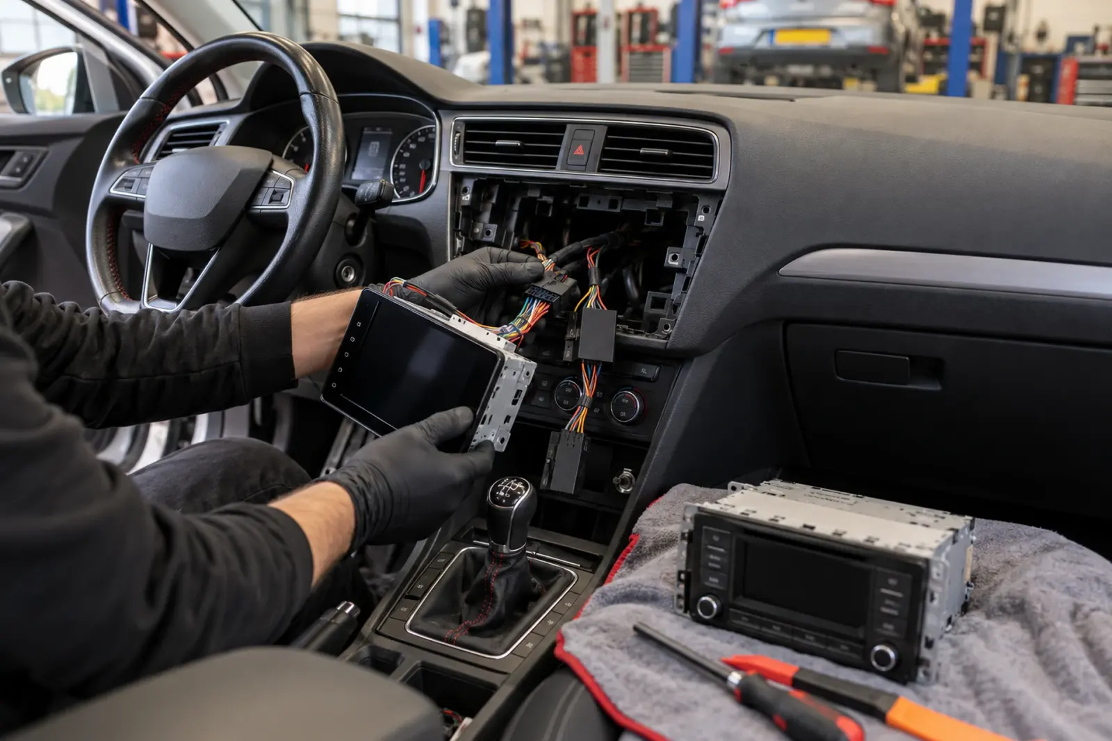 Android Auto radio inbouwen in Heerlen: monteur tilt het nieuwe touchscreen in het dashboard, de oude radio ligt op een doek