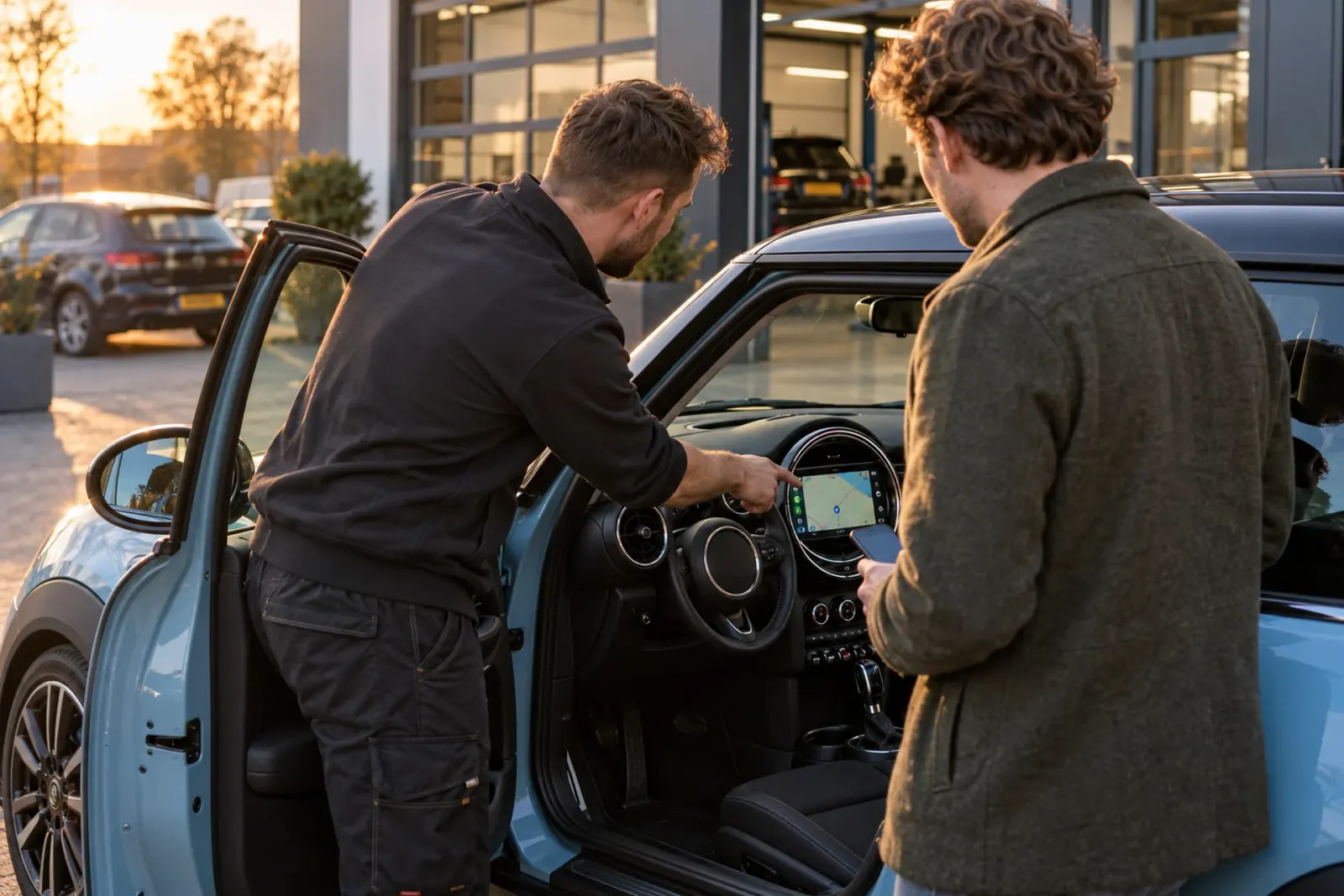 Monteur van de inbouwpartner legt een klant uit Heerlen het nieuwe ronde CarPlay-scherm in een lichtblauwe Mini uit