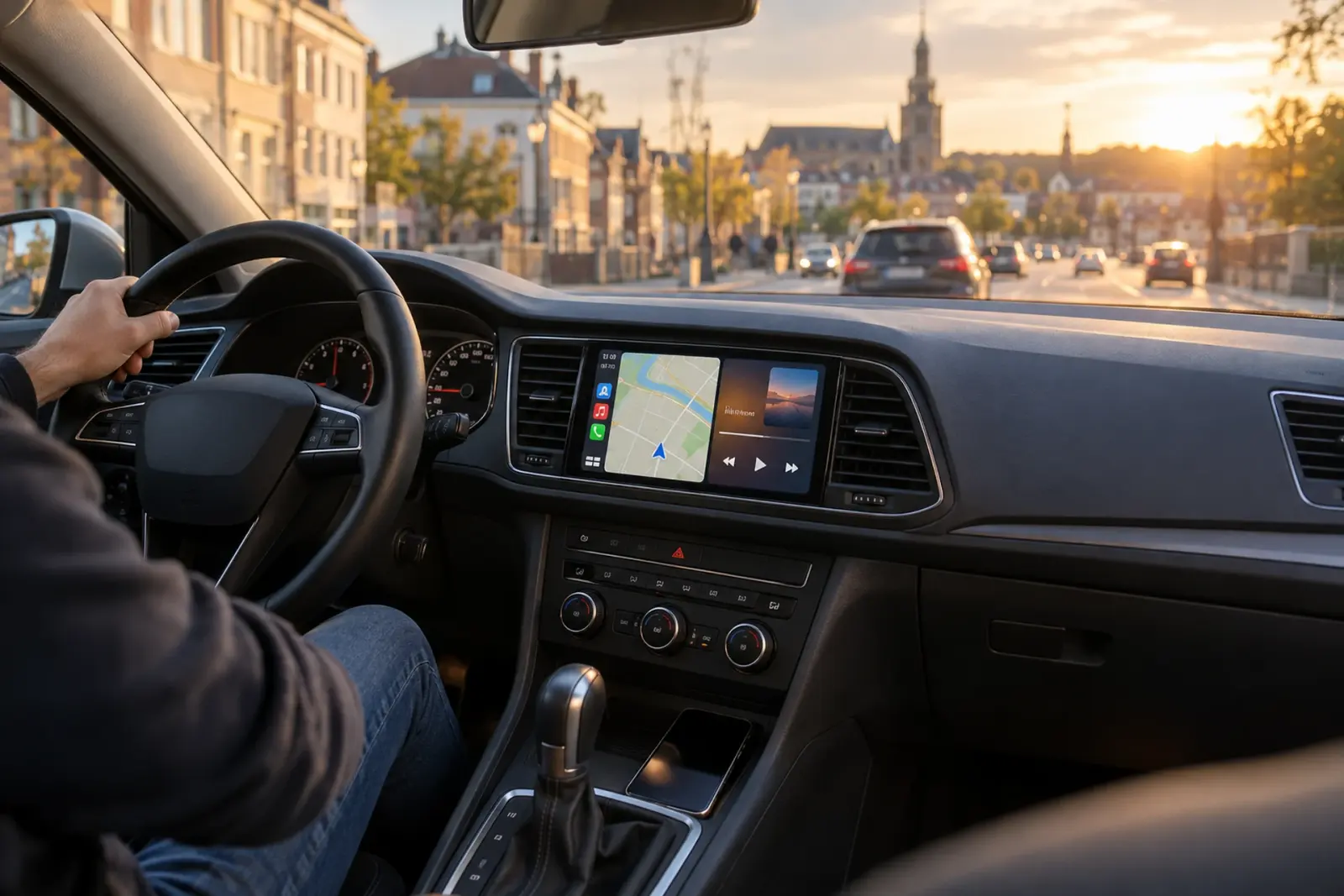 CarPlay bestellen in Heerlen: navigatie en muziek op het dashboardscherm tijdens een rit door de stad bij zonsondergang