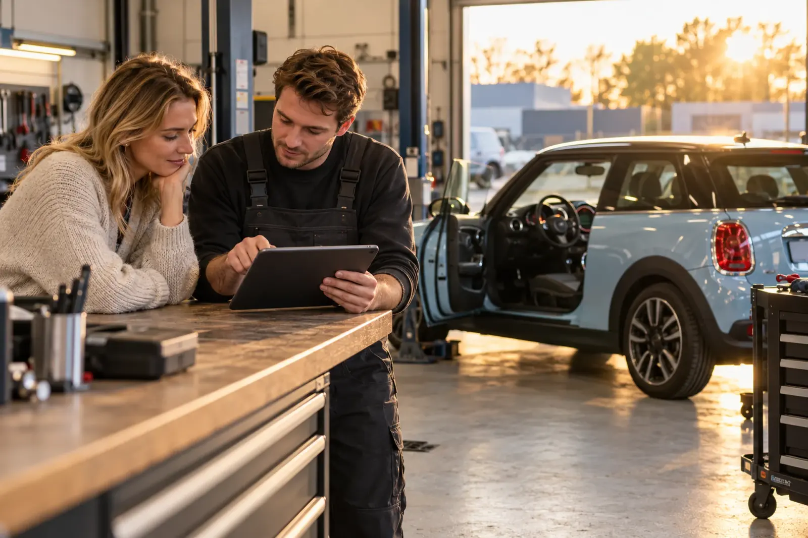 Monteur bespreekt de CarPlay-offerte op een tablet met een klant uit Heerlen in de werkplaats, een lichtblauwe Mini op de achtergrond