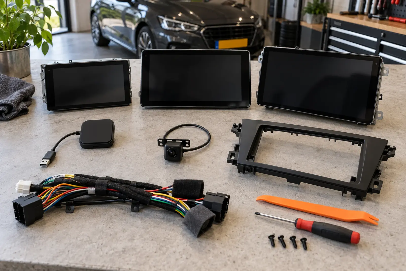 CarPlay prijzen in Heerlen: drie touchscreens, een draadloze adapter, een achteruitrijcamera, inbouwframe en kabelboom op de werkbank