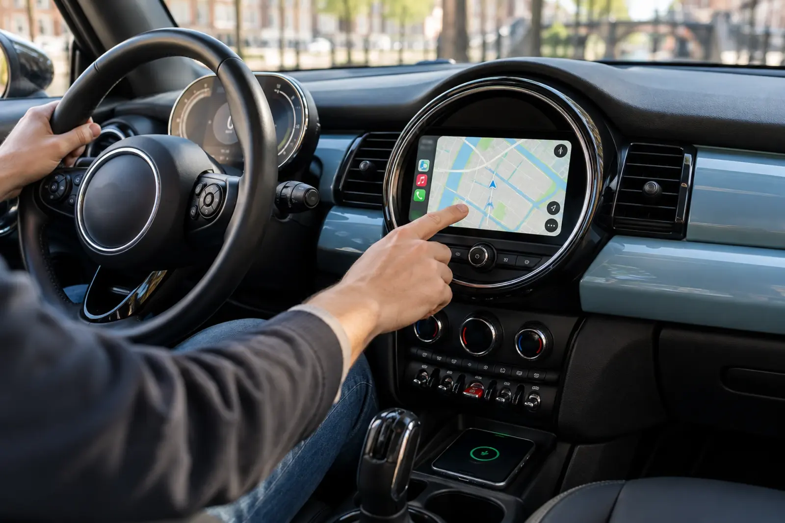 Bestuurder uit Heerlen tikt een bestemming aan op het ronde CarPlay-scherm van een Mini met lichtblauw interieur