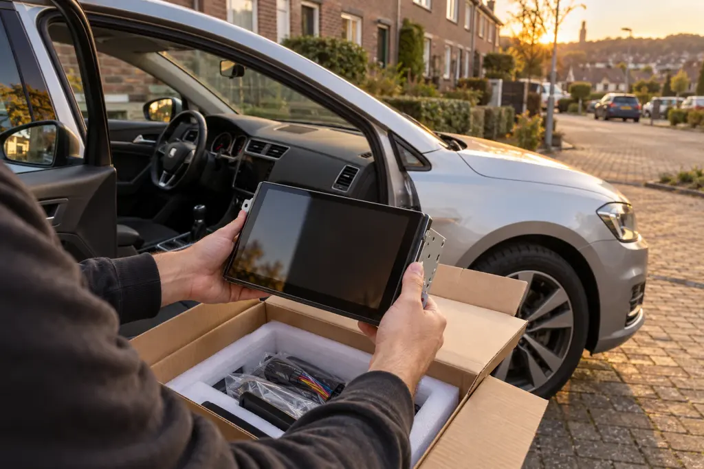 Nieuw CarPlay-touchscreen wordt uit de doos gehaald naast een Volkswagen Golf in een woonstraat in Heerlen