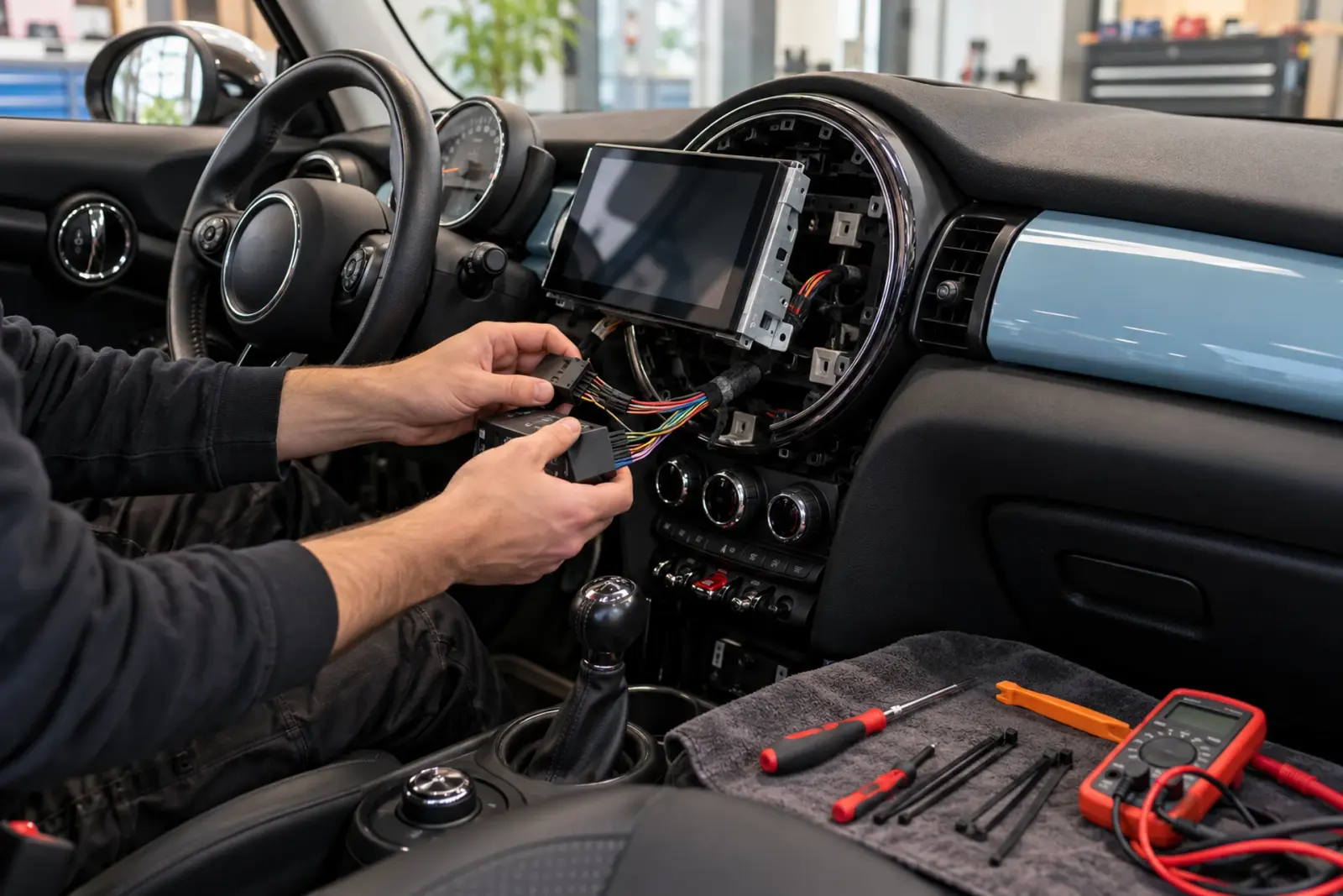 Monteur sluit de kabelboom en interface aan achter het ronde scherm van een Mini tijdens CarPlay inbouwen voor een klant uit Heerlen