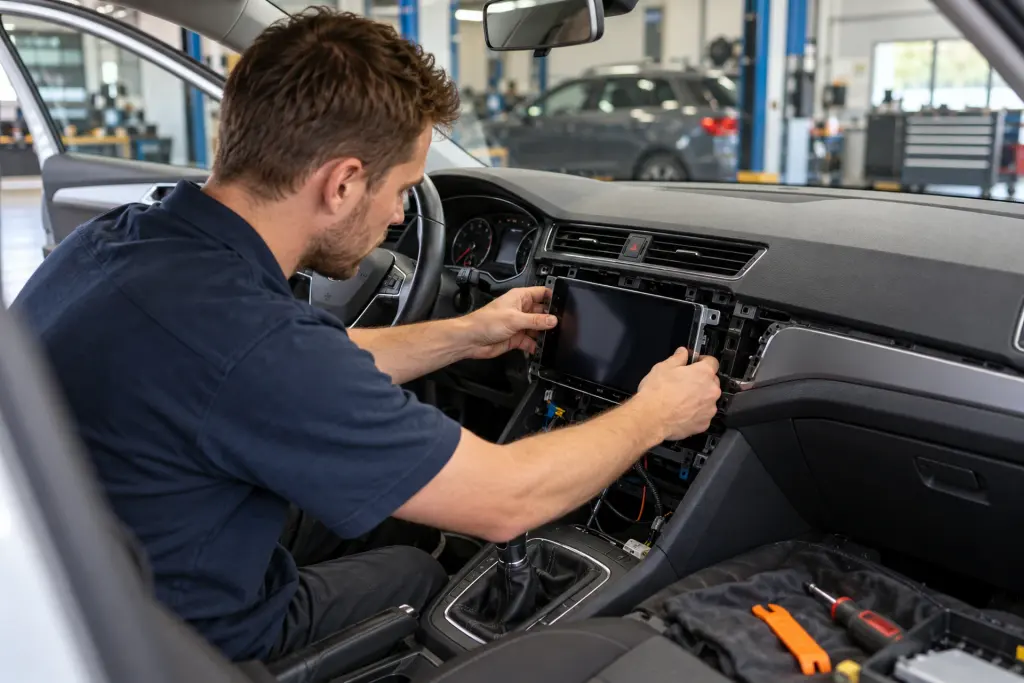 Monteur schuift een CarPlay-scherm in het dashboard van een Volkswagen in de werkplaats van de inbouwpartner in regio Heerlen
